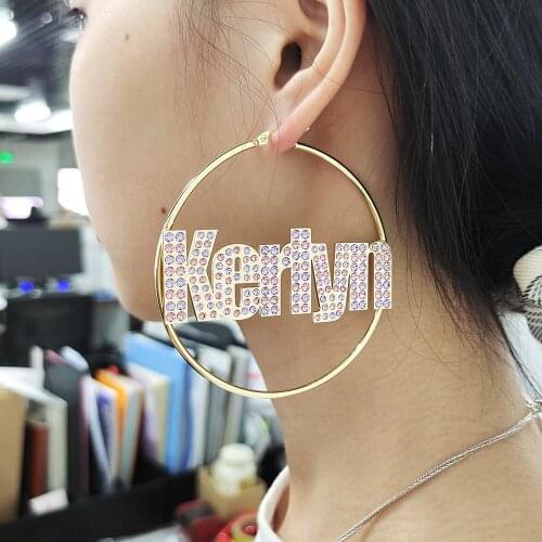 2021 Fashion Custom Name with Shiny Diamond Bling Bling Hoop Earrings Large Round Personality Earrings for Women Jewelry Gifts
