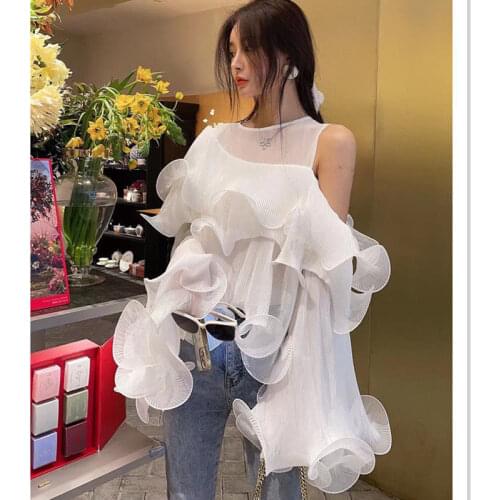 KoukiMa Chic Ladies White Chiffon Shirs Women Spliced Ruffles Blouse Pullover Long Sleeve One Off Shoulder Blouses Female KM8601