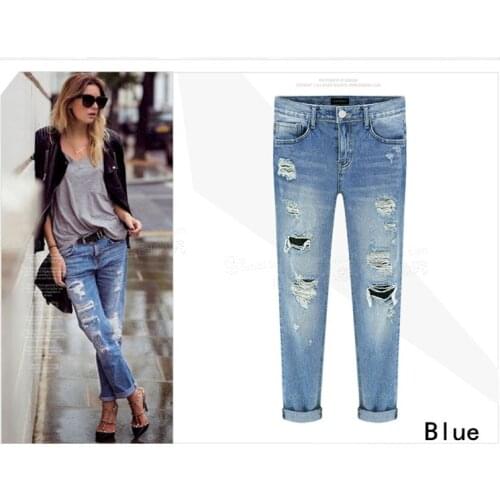 European and American Women Bottoms Jeans Pants Summer 2019 Destroyed Hole Cotton Denim Blue Casual Jean Mid-Waist Pencil Pant