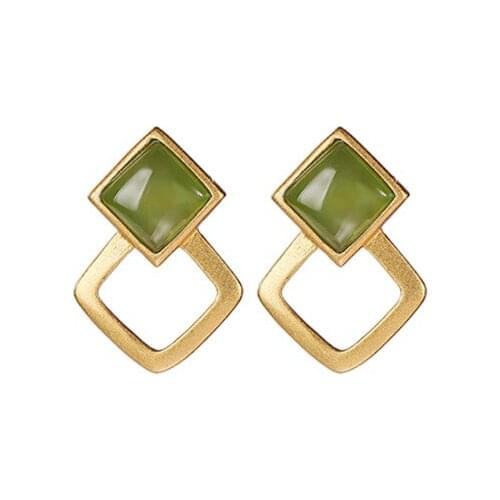 S925 sterling silver gold-plated natural Hetian jade green jade stud earrings graceful personality geometric rhombus womens