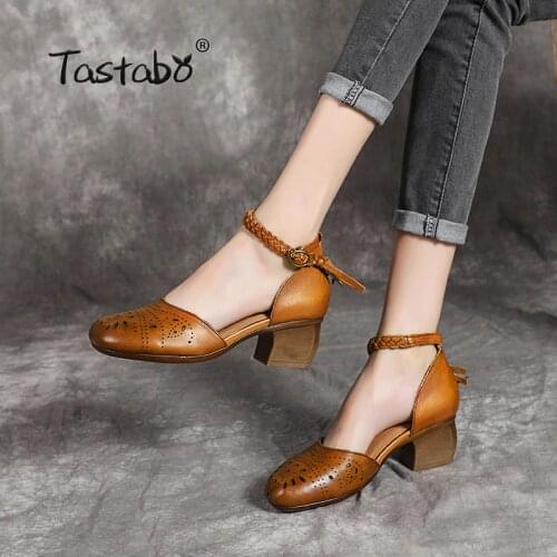 Tastabo 100%Genuine Leather Womens shoes printing Belt buckle high heel design Simple casual style Brown black caramel S19056