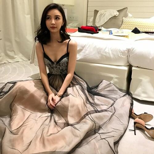 New black contrast spaghetti strap lady girl women princess prom evening performance banquet party ball dress gown free shipping