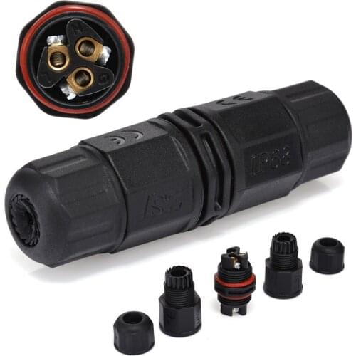 3 Pins 15A IP68 Waterproof Connector AC DC 10mm TUV Screw Locking Joiner Electrical Wire Adapter Cable Connector For Outdoor