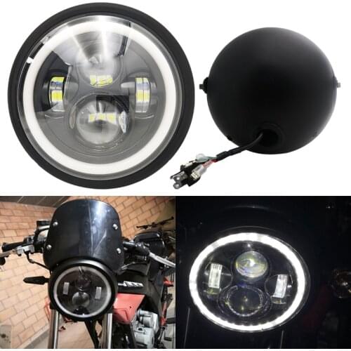 7 Inch LED Motorcycle Headlight Halo Projector + Housing Bucket for Cafe Racer Bobber Driving Light DRL for Yamaha Ducati Motors