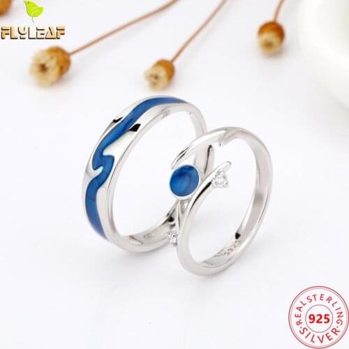 925 Sterling Silver Blue Ripple Open Couple Rings For Women Men Original Romantic Valentines Day Birthday Gift Fine Jewelry