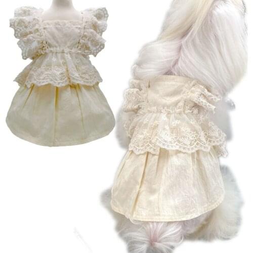 Beige Lace Princess Dog Dress Summer Noble Puppy Cat Dog Clothes Girl Dresses Short Sleeve Weeding Dress Cat Skirt For Bulldog L