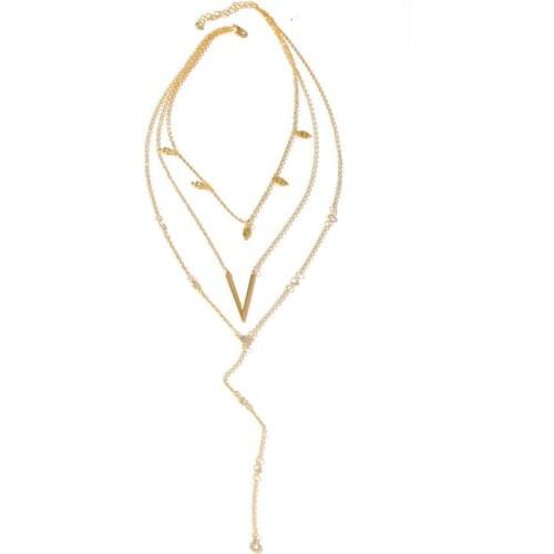 Creativity Long V Word Zinc Alloy Necklace Fashion Crystal Zircon Multi-Layer Ladies Sweater Chain For Women Jewelry Party Gifts