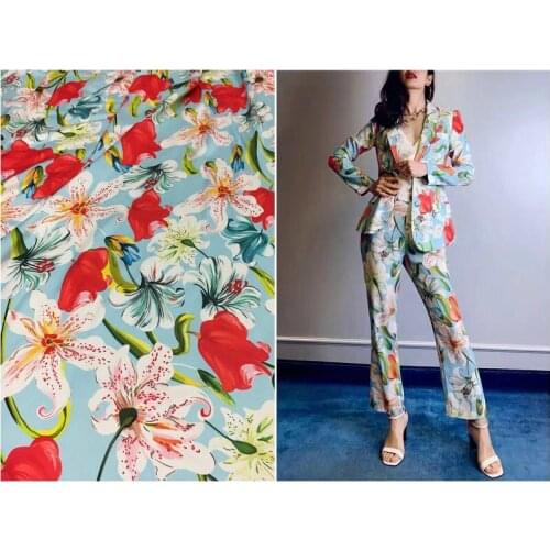 European and American brand stretch double joe silk fabric blue lily flower digital printing fabric dress high fashion fabric