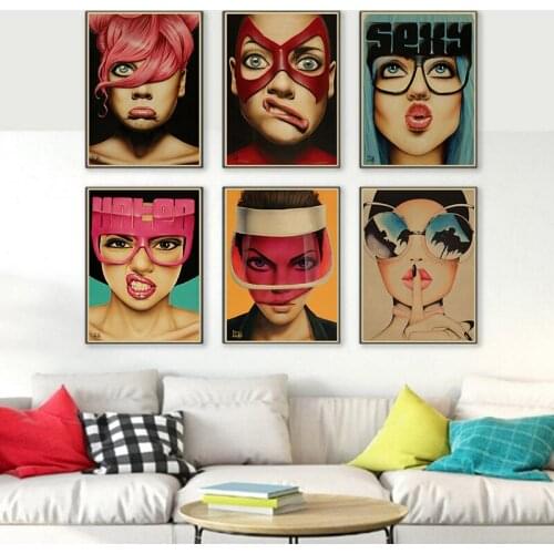 European Woman Cute Expressions Pub Decor Canvas Painting Vintage poster Wall Decor For Home Bar Cafe