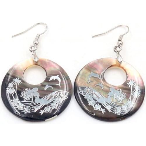 FYJS Unique Jewelry Silver Plated Round Hollow Abalone Shell Ocean Mermaid Drop Earrings for Women Gift