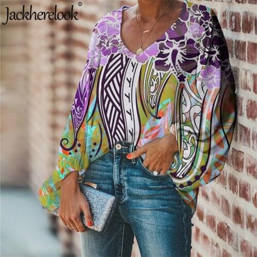Jackherelook Spring Lantern Sleeve Shirt Sexy V-neck Floral Tribal Polynesian Tattoo Print Tops Blouse Casual Shirts Plus Size