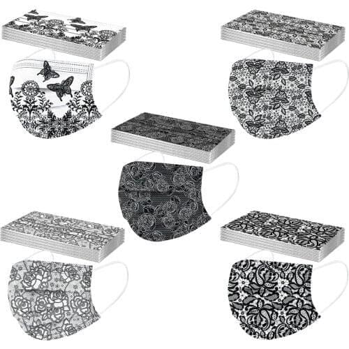 50PCS Adult Lace Mask Disposable Face Mask 3Ply Ear Loop Anti-PM2.5 Mouth Mask Mondmasker Scarf Halloween Cosplay Mask