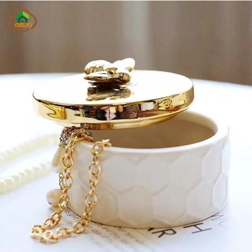 MSJO Jewelry Organizer Storage Box for Women Ceramic 3D Bees Golden Dustproof Cover Home Deco Desktop Trinket Organization Box