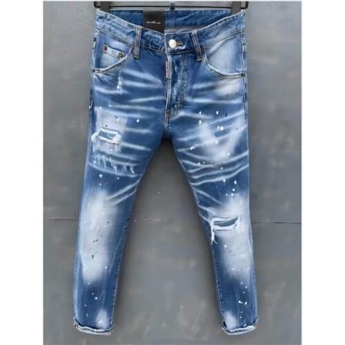 New DSQ2 Mens Skinny Jeans With Ripped Holes And elastic Paint Spray Blue Stitching Beggar Pants 060