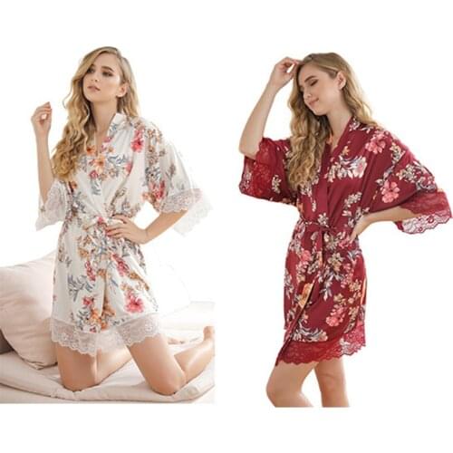 High-End Ladies Nightgown Spring Summer And Autumn Silk Ladies Soft Nightgown Printed Bathrobe