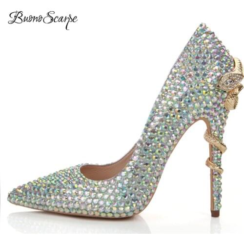 BuonoScarpe Bride Wedding Shoes Female Party Shoes Crystal Brand Design High HeelPumps Metal Snake Heels Rhinestone WeddingPumps