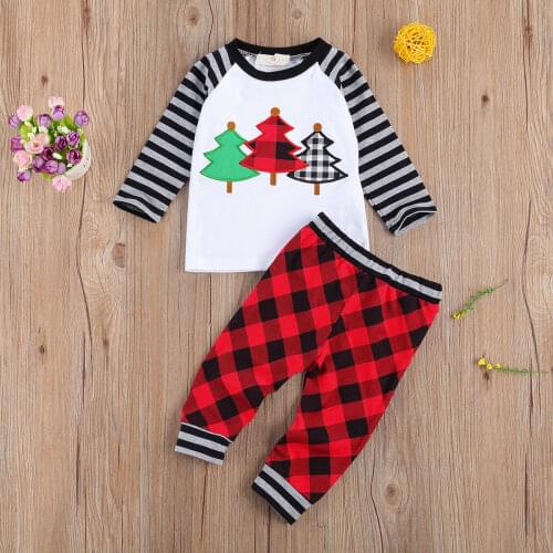 Pudcoco Newborn Baby Boy Clothes Christmas Tree Print Striped Long Sleeve O-neck Tops Plaids Long Pants 2Pcs Autumn Baby Boy Set