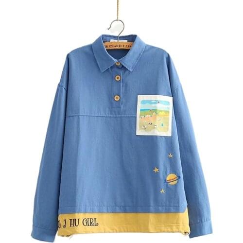 Autumn Childlike Print Pocket Planet Letter Embroidery Stitching Contrast Color Loose Turn-down Collar Jacket Girl 208393