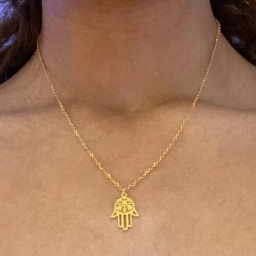 Women Men Amulet Palm Pendant Stainless Steel Necklace Gold Silver Color Hand Necklace Choker Islamic Religion Jewelry