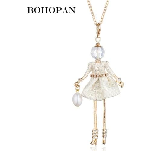 Crystal Doll Pendant Necklace For Women Cotton Dress Metal Rhinestone Belt Long Chain Necklace Pearl Handbag Jewelry Necklaces