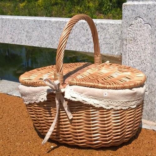 Wicker Woven Storage Baskets Picnic Food Beverage Holder Storage Container Rattan Basket with Lid Outdoor Storage Organizer A