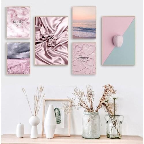 Pink Purple Landscape Poster Beach Snow Mountain Feather Life Beautiful Home Wall Art Decoration Canvas Painting Picture