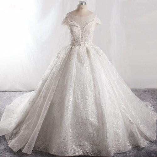 LZ438 Luxury Heavy Beading Crystal Leaves Lace Wedding Dress Glittering O-Neck Cap Sleeve Lace Up Ball Gown