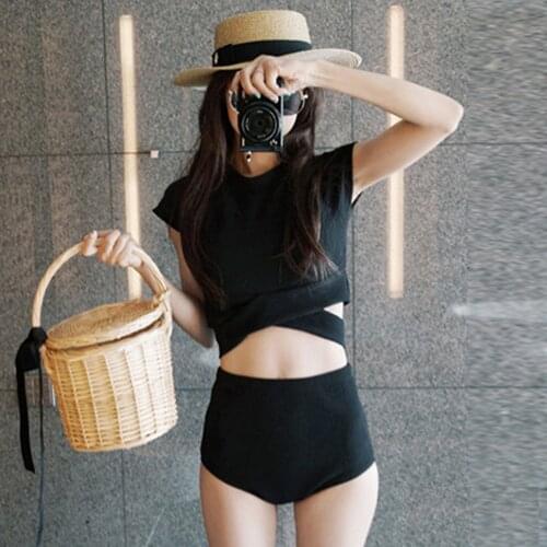 Sexy High Waist Bikini Women Solid Black Swimwear Short Sleeve Biquini Bandage Wrap Swimsuit Crop Top Bathing Suit High Neck Pad