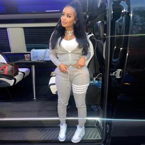 Womens Sporty Tracksuit Female Clothing Hooded Long Sleeve Zipper Jackets+striped Print Jogger Sweatpant Autumn Fall Outfits