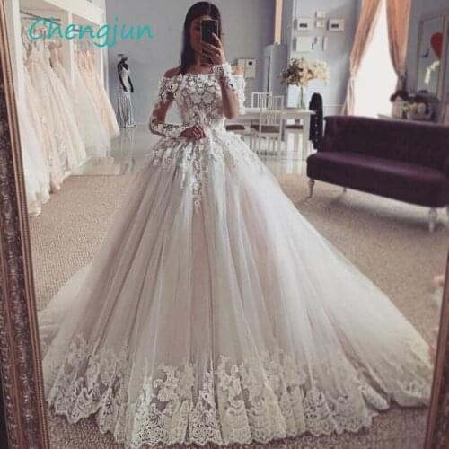 Chengjun Boat Neck Long Sleeve Tulle Lace Beaed Wedding Bridal Dresses 2019