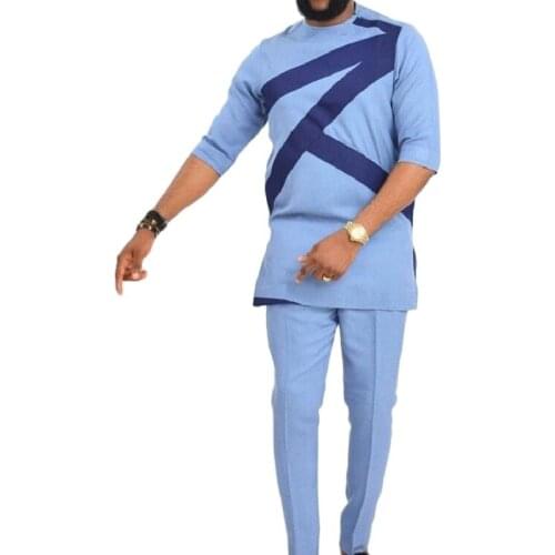 Light Blue Half Sleeve Shirts Matching Pants Pure Cotton Tops+Trousers Modern Design Mens Outfits African Groom Suits