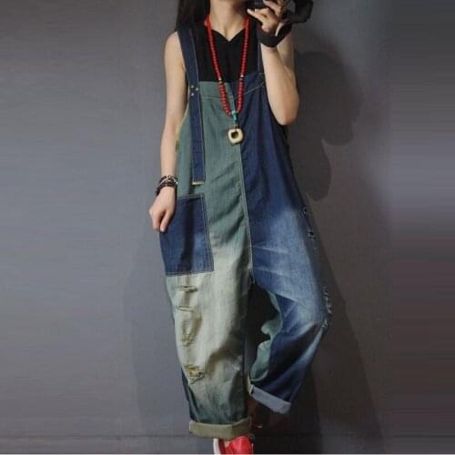 Women clothing denim washed hole cotton rompers vintage overalls women jumpsuits suspenders jeans women overalls fashion romper