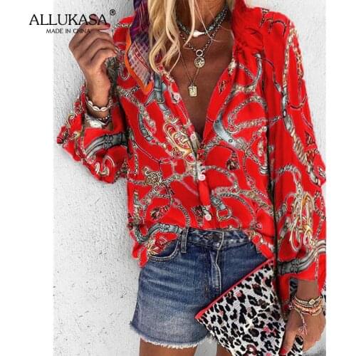 Ladies V-neck long-sleeved retro shirt spring and summer chain printing loose casual shirt plus size 5XL single-breasted top