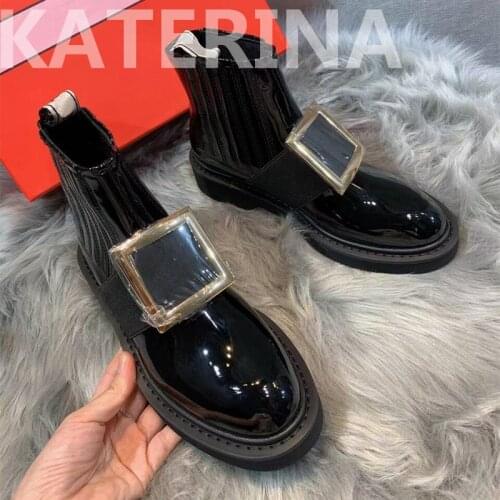 Black Ankle Boots Square Heel Black Platform Thick Sole Winter Womens Shoes Platform Square Diamond Decoration Brand Designer