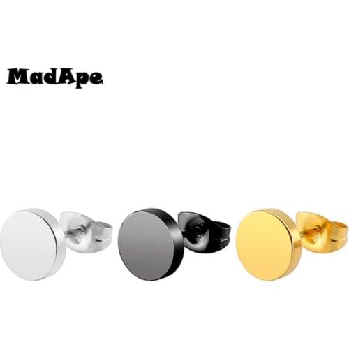 MadApe 1 Pair Stainless Steel Ear Studs Earrings Black Plated Round Shaped Butterfly Clasp Push Back Earrings Women Men Earrings