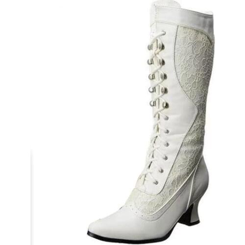 Women knee high boots low heels shoes woman booties vintage lace ethic shoe chaussures femme zapatos mujer sapato SF0848