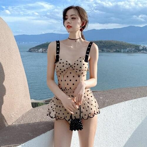 Female One-Piece Swimwear Polka Dots Print Sleeveless Swimsuits with Adjustable Shoulder Strap for Summer Swimming Beachwear
