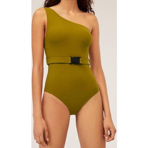 Womens Solid Color One Shoulder Low Chest Belt Belt Sexy Triple-Cornered One-Piece Swimsuit Green