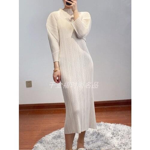 Changpleat 2021 Autumn New Miyak Pleated women dress Fashion Solid Loose Large Size Stand-up collar Lantern sleeve dress Tide