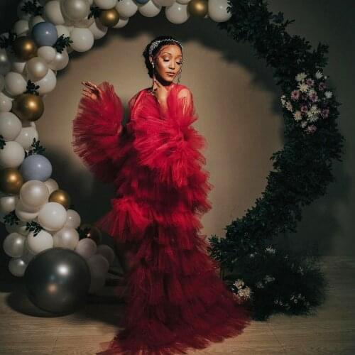 Burgundy Ruffle Tulle Robes Wine Women Maternity Dresses Formal Birthday Robes Photo Shoot Illusion Sleeves Robe De Soiree