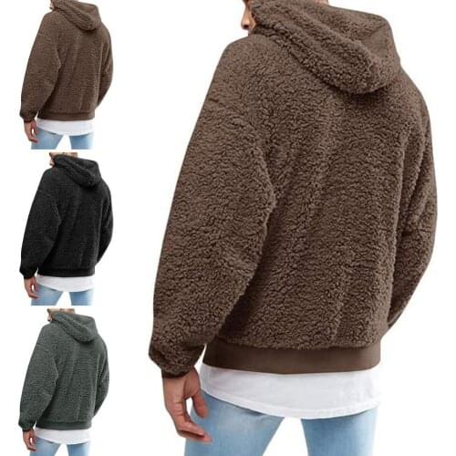 Winter Men Solid Color Fluffy Fleece Hooded Coat Pullover Hoodie Warm Sweatshirt