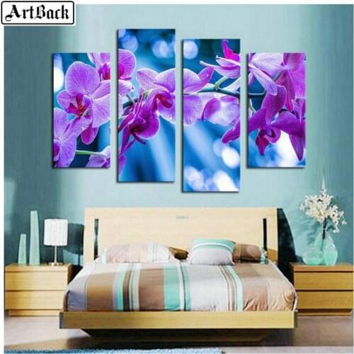 1 set of 4pcs diamond painting purple flowers full square diamond embroidery 3d round drill embroidery wall stickers daffodils