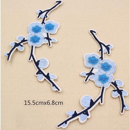 1Pair Blue Plum Blossom Embroidered Patches Iron on Sewing Stickers for Clothing Applique DIY Accessories Craft Decoration