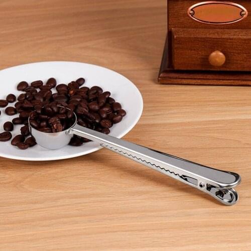 1 Pc Silver Stainless Steel Ground Coffee Tea Measuring Scoop Spoon With Bag Seal Clip Professional Kitchen Bar Tool