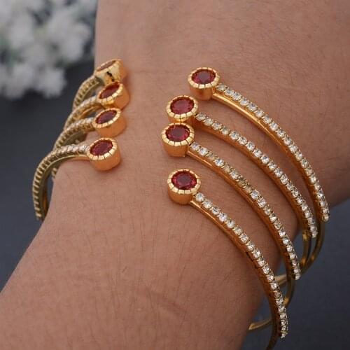 4Pcs/Set Red Stone Dubai Ethiopian Gold Color Cuff Bangles For Women Girls Wife African Arab Bracelet&Bangle Jewelry Gift
