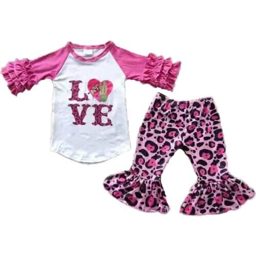 Valentines day new girl childrens clothing baby milk silk pink love long sleeves with leopard flared pants set20