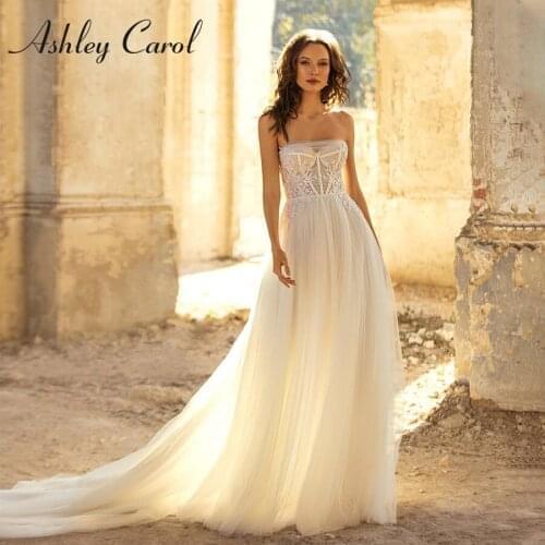 Ashley Carol A-Line Wedding Dress 2021 Charming Strapless Delicate Beaded Appliques Bride Backless Sleeveless Beach Bridal Gown