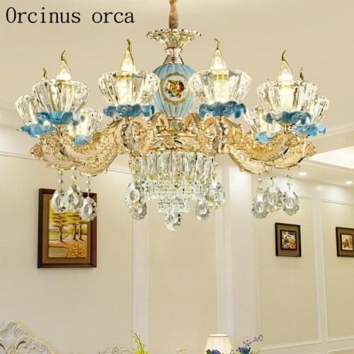 European luxury ceramic chandelier living room bedroom French creative personality zinc alloy blue crystal LED chandelier