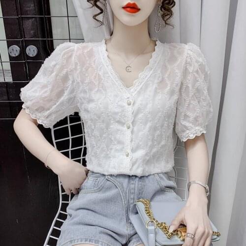 French v-neck short-sleeved lace blouse women 2021 summer new style foreign style ruffled design blouse women