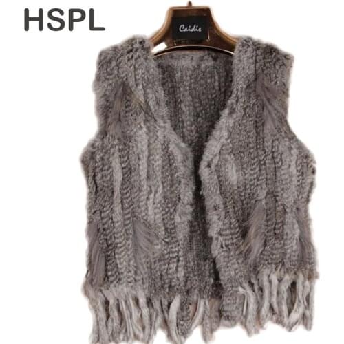 HSPL Europe Popular Genuine Rabbit Knitted Fur Gilet Women Sleeveless Fur vest with Tassel without Collar Vest Colete De Pele